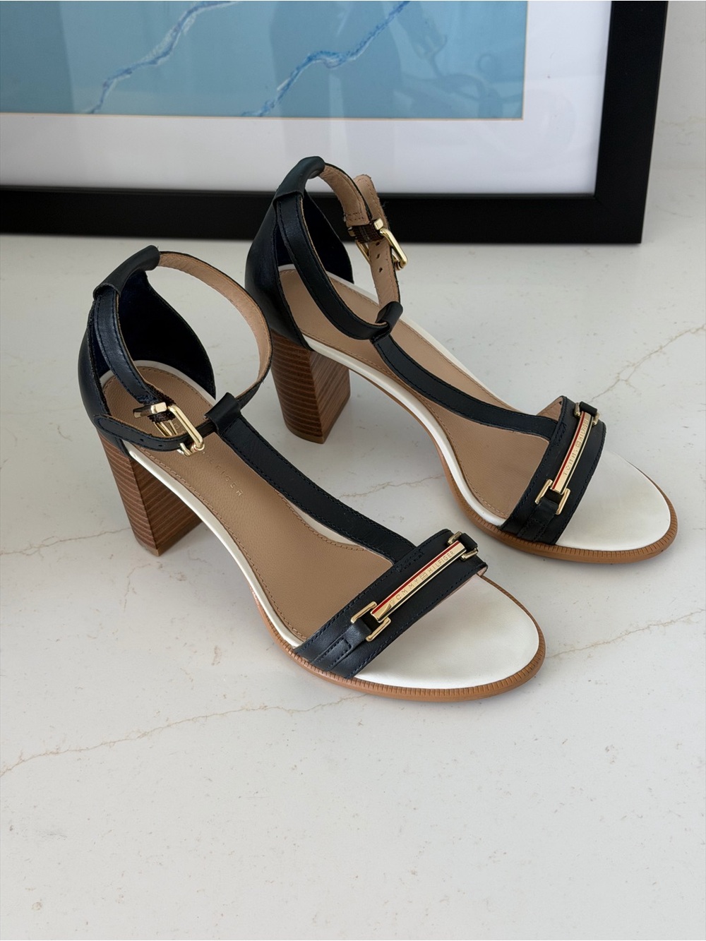 Tommy Hilfiger Navy Leather T-Strap Block Heel Sandals with Gold Trim